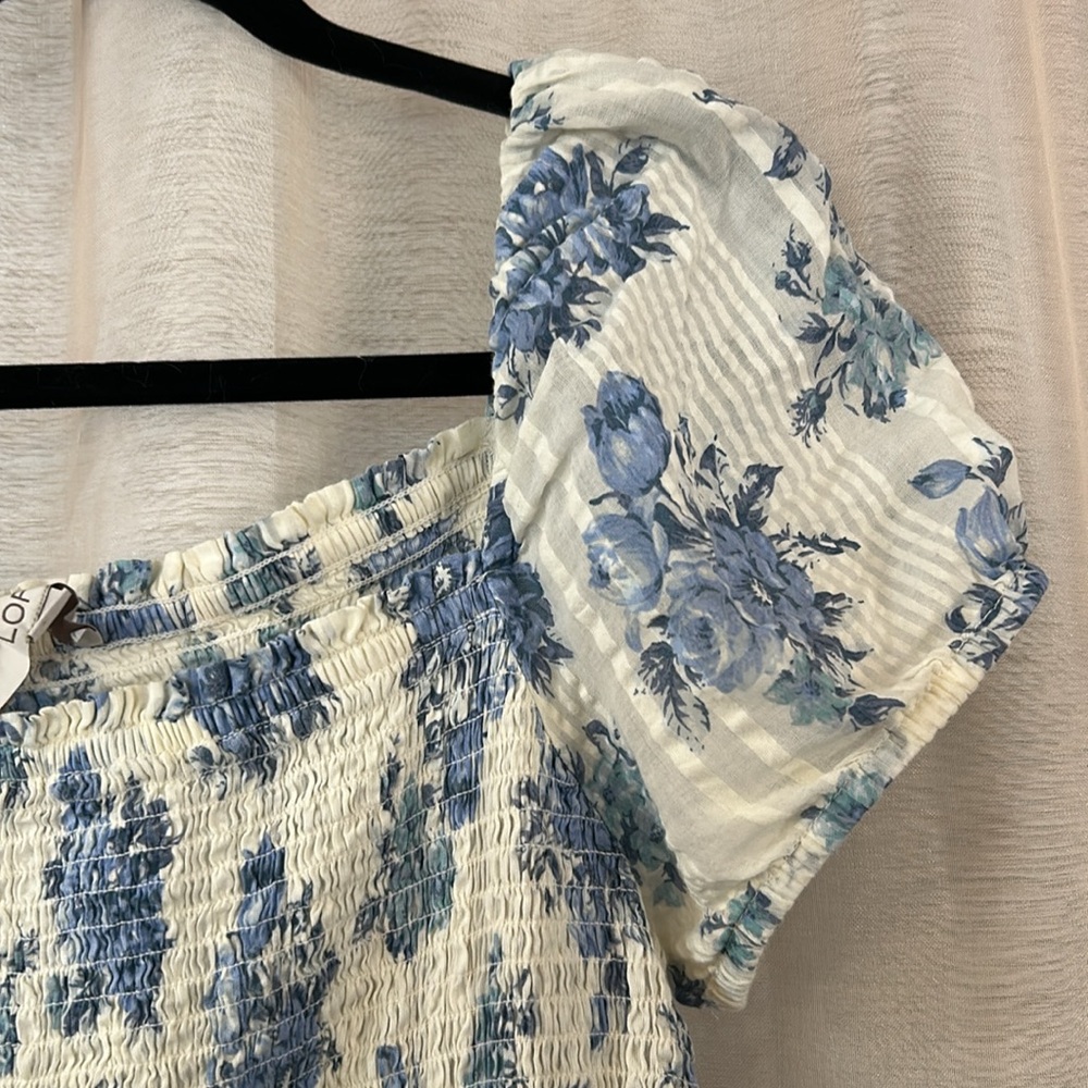 LOFT Cream and Blue Patterned Dress
